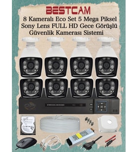 BESTCAM 8 Kameralı Eco Set 5 Mega Piksel Sony Lensli Full HD Gece Görüşlü Güvenlik Kamerası Sistemi 500 GB HDD