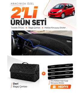 HONDA JAZZ (2009-2013) Uyumlu Torpido Örtüsü + Deri Bagaj Çantası + Sticker Seti - Siyah
