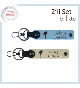 Erkek Kardeşe Sporcu Temalı Hediye, Kickboks Figürlü Kişisel İsimli Anahtarlık, Gök Mavi-Sütlü Kahve