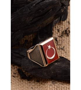 Ay Yıldız Bayrak Motif Yanı Nokta Desen 925 Ayar Gümüş Erkek Yüzük GYZAYYLDIZY-G 6618900002762