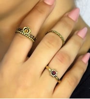 Doğal Taşlı 3'lü Garnet (Lal) Doğal Taşlı Güneş Modelli Kadın Ayarlanabilir Yüzük Seti euy85 (Kırmızı)