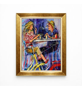 Tablore Retro Pop Art Kafe Temalı Çift Figürlü Yağlı Boya Görünümlü Çerçeveli Tablo