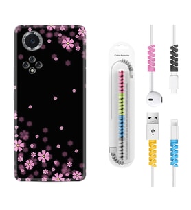 Huawei Nova Y70 Y90 Nova 9 SE  Kılıf Kablo Koruma Spiral Silikon Black flowers 1391