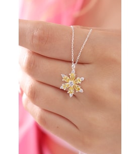 925 Ayar Gümüş Zincirli Sarı Damla Taşlı Kamelya Lotus Çiçeği Kolye