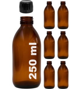 Amber Ecza Şişesi, 250 ml, Kahverengi Cam, Plastik Contalı Kilit Kapak, Hava ve Sıvı Sızdırmaz, 28mm Ağız Çaplı, Parfüm Demlemek İçin Uygun, 6 Adet (250, Siyah Kapak)