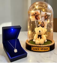 Kişiye Özel 3 Fotoğraflı Yazılı LED Fanus(peluş ayıcıklı) ve 925 Ayar Gümüş Gold Baget Kolye