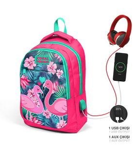 Coral High Kids Neon Mercan Su Yeşili Flamingo Desenli Üç Bölmeli USB Şarjlı Kulaklık Çıkışlı Okul Sırt Çantası 23416