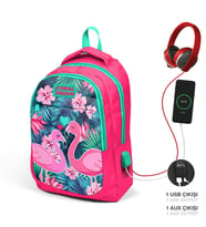 Coral High Kids Neon Mercan Su Yeşili Flamingo Desenli Üç Bölmeli USB Şarjlı Kulaklık Çıkışlı Okul Sırt Çantası 23416