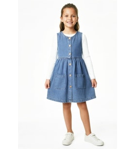 Kız Çocuk 2'li Jean Elbise (Çift Cepli Jean Elbise+Bluz)12533 MODANINO (Mavi)