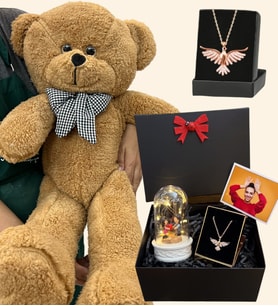 Zümdürü Anka Kuşu Kolyeli Fotoğraflı Premium Set - Büyük Kahverengi Peluş Ayıcıklı (Model 6)