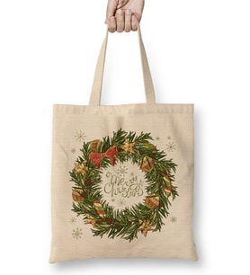 Yılbaşı Yeni Yıl Konseptli Wreath Gilf Merry Christmas 01 Bez Çanta Uzun Saplı