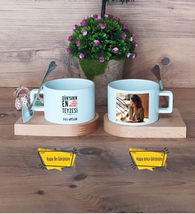 Teyzeye Hediye Kupa Bardak Ahşap Altlıklı Kısa Fotoğraflı Doğum Günü Anneler Günü Hediyesi