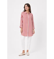 Uzun Kollu Kırmızı Beyaz Çizgili Kadın Overshirt Gömlek