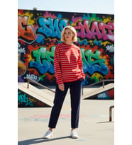 Kadın Moda Şık Oversize Bisiklet Yaka Düşük Kol Uzun Çizgili Geniş Kesim İnce Örme Sweatshirt
