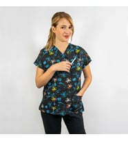 Unisex Lacivert Çiçek Desenli Esnek  Likralı Doktor Hemşire Aşçı Scrubs Cerrahi Tek Üst Forma