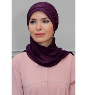 Mürdüm Pratik Hazır Geçmeli Tesettür Bone Fukuro Piliseli Örgülü Şifon Atkılı 1825A_07