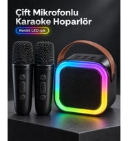 Taşıma Askılı Siyah Led Işıklı Bluetooth Hoparlör Çift Mikrofonlu Karaoke Seti