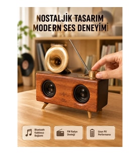 Mey İthalat® Nostaljik Gramofon Bluetooth Hoparlör – FM Radyo + USB + SD Kart Destekli