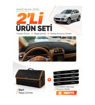 PORSCHE CAYENNE (2002-2010) Uyumlu Torpido Örtüsü + Deri Bagaj Çantası + Sticker Seti - Siyah Kahverengi