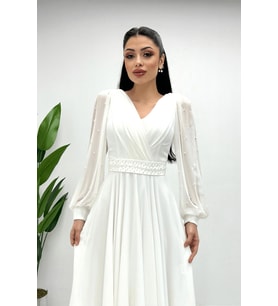 Şifon Kumaş İnci Detaylı Midi  Elbise - BEYAZ
