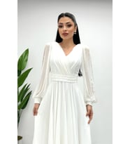 Şifon Kumaş İnci Detaylı Midi  Elbise - BEYAZ