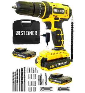 Steiner Germany Technology Darbeli 58 V 5 Ah Metal Şanzıman Çift Akü Şarjlı Vidalama Matkap Sarı + 24 Parça
