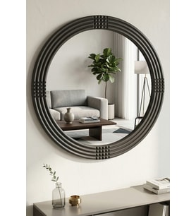Safir Ahşap Siyah Dekoratif Ayna Yuvarlak Ayna Işlemeli Duvar Aynası Tekli - 43 Cm