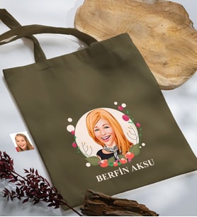 BK Gift Kişiye Özel Anneler Günü Karikatürlü Haki Kumaş Bez Çanta, Baskılı Omuz Çantası, Alışveriş Çantası, Anneye Hediye-1