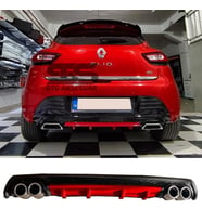 Renault Clio 4 Difüzör Arka Tampon Eki 4 Egzoz Çıkışlı Kırmızı Lüx Tip