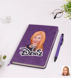 BK Gift Kişiye Özel Kadın Karikatürlü Mor Termo Deri Defter Kalem Seti Model 75