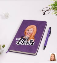 BK Gift Kişiye Özel Kadın Karikatürlü Mor Termo Deri Defter Kalem Seti Model 75