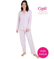 Guava Kadın V Yaka Önden Düğmeli %100 Pamuk Uzun Kollu Cepli Pijama Takımı (Lila)