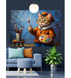 Ressam Kedi Fırça Tutuyor Dekoratif Kanvas - Mdf Ahşap Tablo