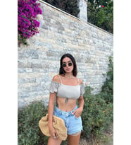 Omuzdan Baglamalı Crop Bluz