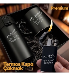 İsme Özel Atatürk İmza Figürlü Erkek & Kadın Lüks Hediye Seti - Çelik Termos Bardak Çakmak Kupa - Premium Hediye Paketli
