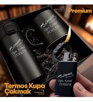 İsme Özel Atatürk İmza Figürlü Erkek & Kadın Lüks Hediye Seti - Çelik Termos Bardak Çakmak Kupa - Premium Hediye Paketli