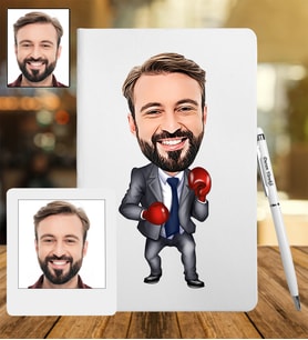 Kişiye Özel Boksör Tasarımlı Karikatür Deri Defter & Metal Tükenmez Kalem + Ahşap Çerçeve hediye 5