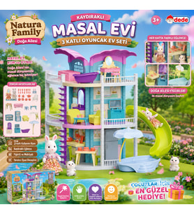 Doğa Ailesi Masal Evi Kaydıraklı 3 Katlı Oyuncak Ev Seti Figürlü, Mobilyalı ve Aksesuarlı