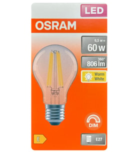 (1 Adet) Osram 6,5W (60W) 2700K (Sarı Işık) Dim Edilebilir E27 Duylu (Kalın Duy) Led Şeffaf Ampul