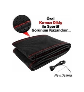 Dikmeli Kokusuz Deri Direksiyon Kılıfı Hava Alır Delikli Nokta Modelli Kırmızı İplikli + İğne, Mumlu İp Hediyeli