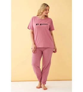 Giyim Kadın Somon Go Getter Yazılı Büyük Beden Pijama Takımı