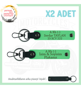 Motosiklet Tutkunlarına, İsim Plaka ve A (-) Kan Grubu Yazılı Acil Durum x2 Anahtarlık, F Yeşil-Syh