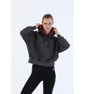 Maraton Sportswear Oversize Kadın Kapşonlu  Uzun Kol Basic Siyah Melanj Sweatshirt 20335
