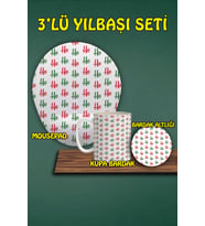 Yılbaşı Temalı 3'lü Bilek Destekli Mousepad Kupa Ve Bardak Altlığı Seti