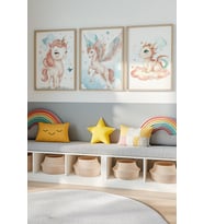 Bebek ve Çocuk Odası Unicorn ve Ejderha Tema Ahşap Çerçeveli 3'lü Tablo Seti