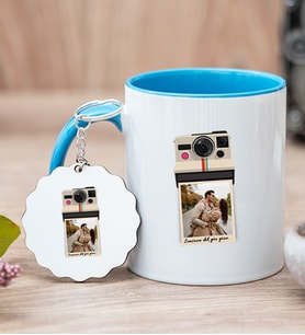 Kişye Özel Polaroid Tasarım Fotoğraflı Mavi Kupa Bardak ve Anahtarlık