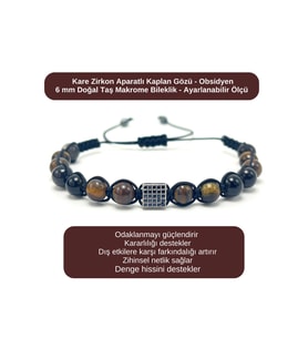 SERTİFİKALI Zirkon Aparatlı Kaplan Gözü - Obsidyen - 6mm Doğal Taş Bileklik Ayarlanabilir Ölçü
