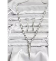 Gümüş Renk Baget Zirkon Taşlı Kadın Kolye Küpe Set - TJ-BKO10637