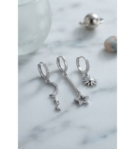 3 lü Set Ay Yıldız ve Güneş Model Gümüş Renk Kadın Küpe TJ-BKP11957