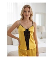 #Babydoll Şık Dantelli Lüks Pijama Giyimi Yumuşak Sarı Saten Babydoll Şortlu Takım